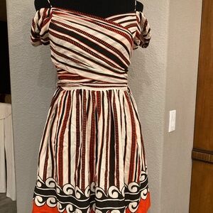 Anna Sui Off Shoulder Dress Red Black and White Striped Silk XS